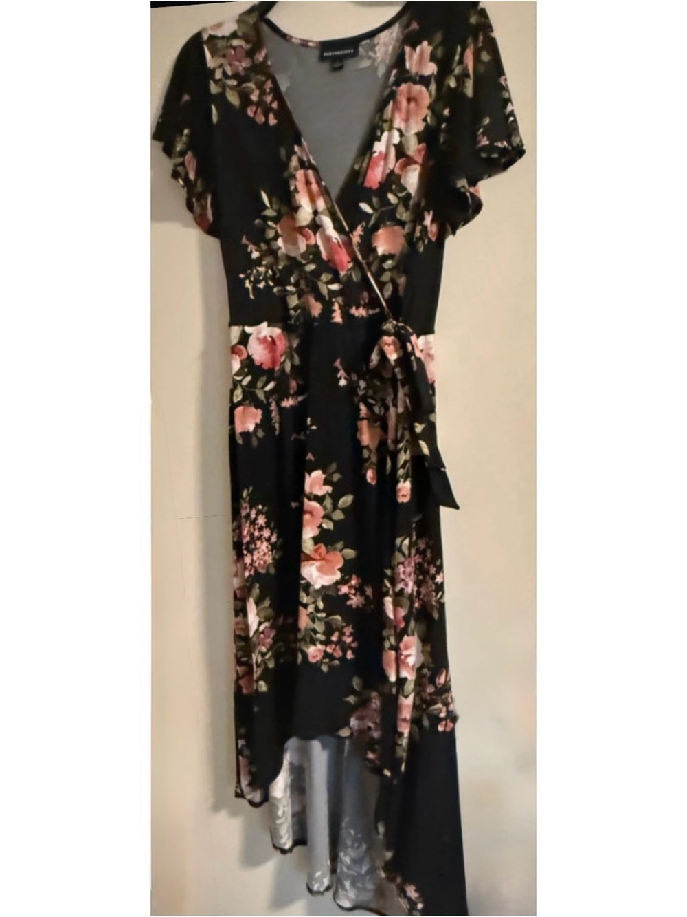 Fortune + Ivy Black Floral High-Low Wrap Stretch Dress with Pink Blooms XL